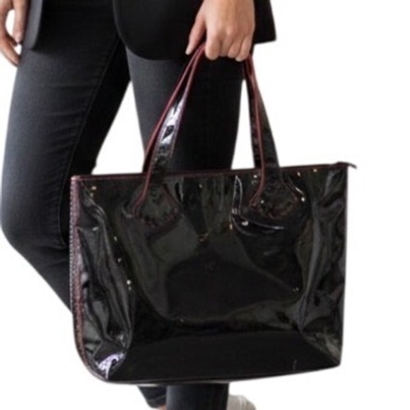 Stephanie Johnson Handbags - Stephanie Johnson Saks Fifth Avenue Black Patent Tote‎ Bag Red Zippered 16x11